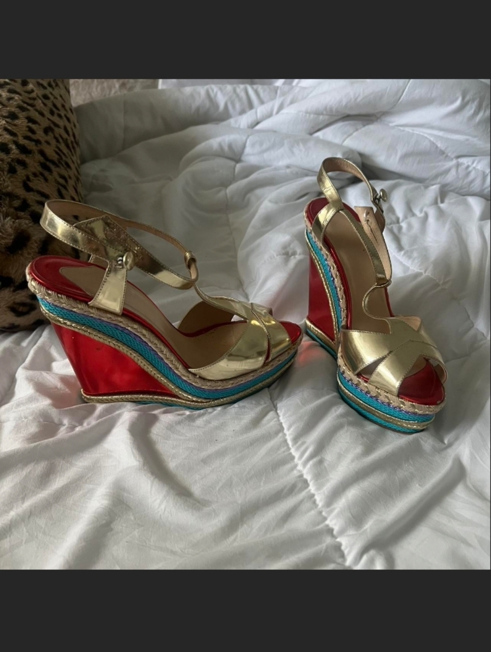 *Authentic* Christian LouboutiGold Strappy Wedge Sandals with Red & Teal Accents